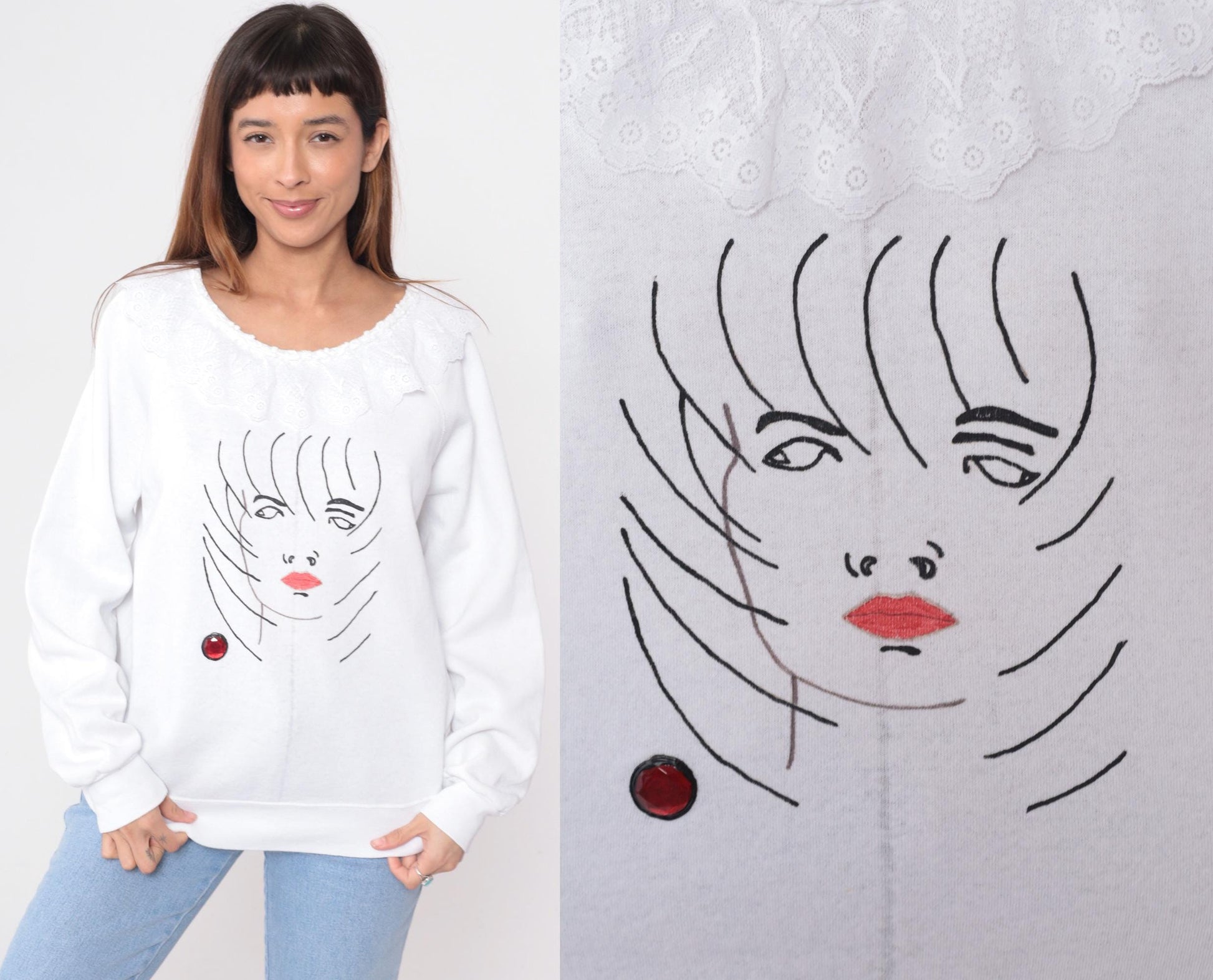 80s White Sweatshirt Embroidered Face Illustration Raglan Crew Neck Large L