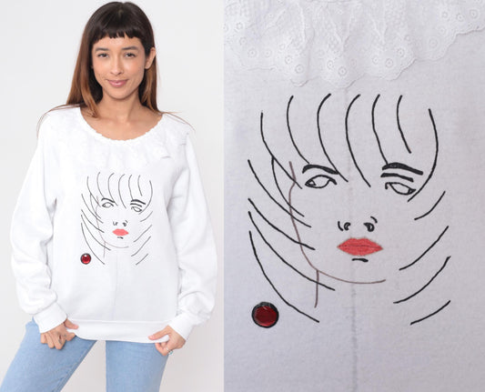 80s White Sweatshirt Embroidered Face Illustration Raglan Crew Neck Large L