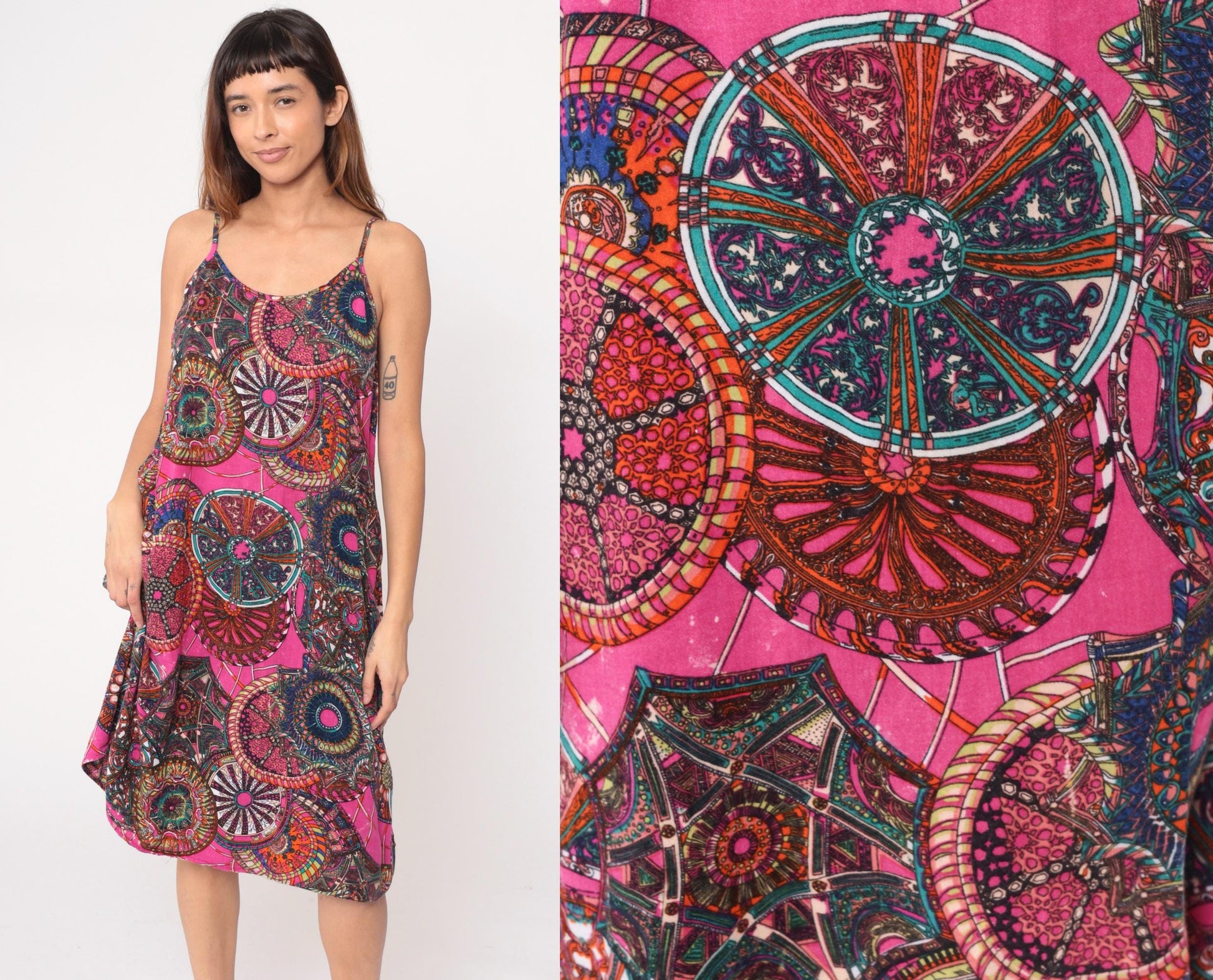 Y2K Psychedelic Mandala Slip Dress Pink Purple Spaghetti Strap Large L