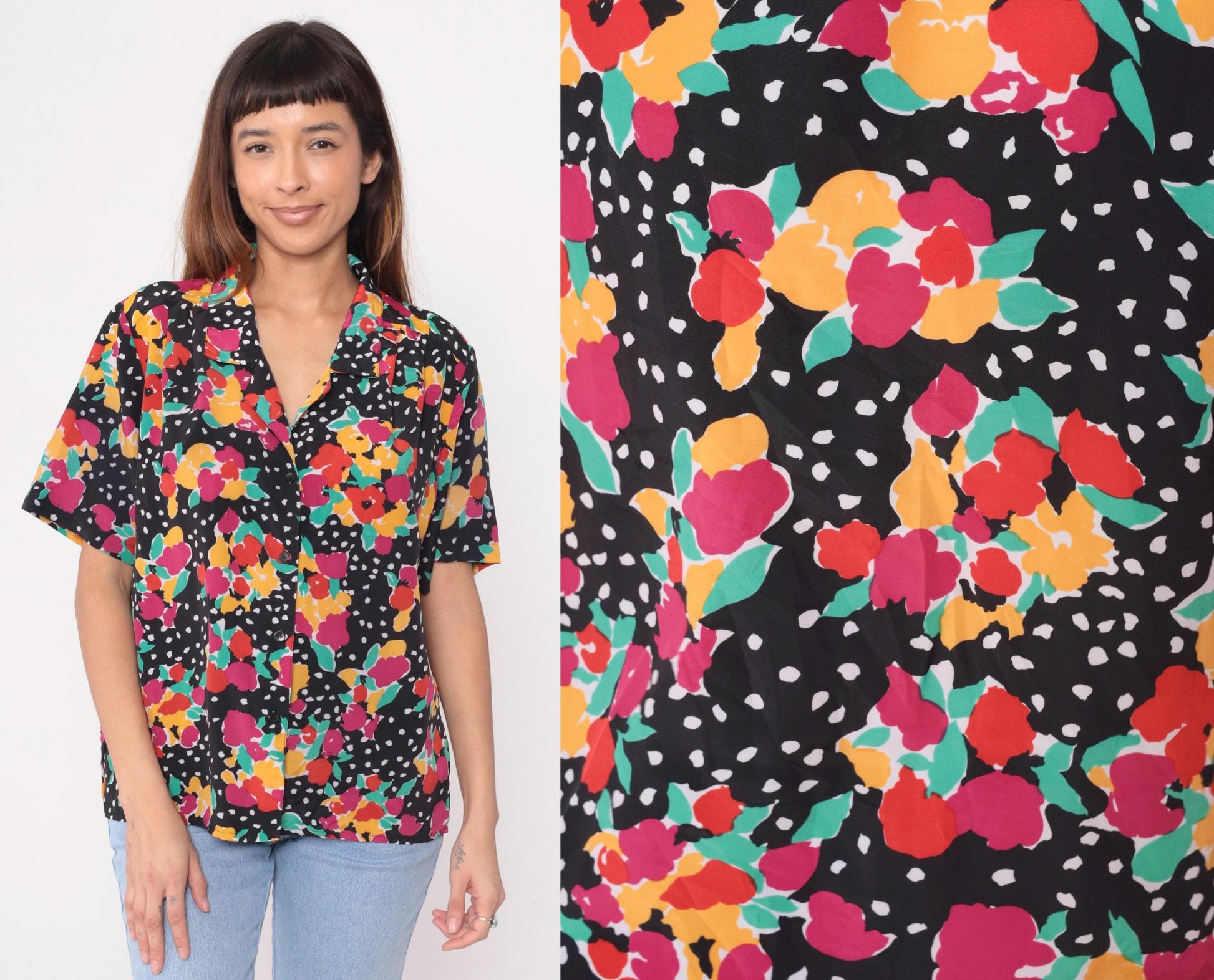 90s Impressions of California Black Floral Polka Dot Short Sleeve Blouse Large L