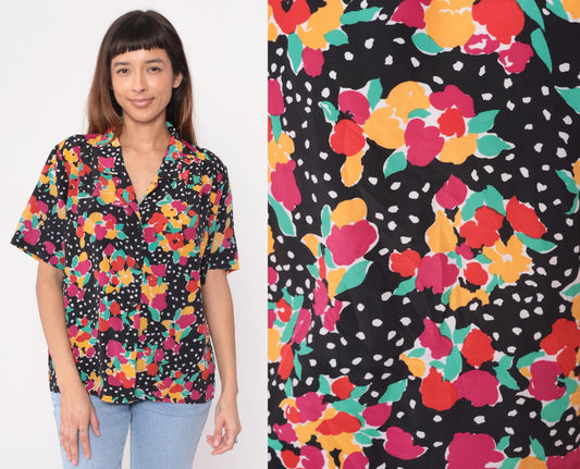 90s Impressions of California Black Floral Polka Dot Short Sleeve Blouse Large L