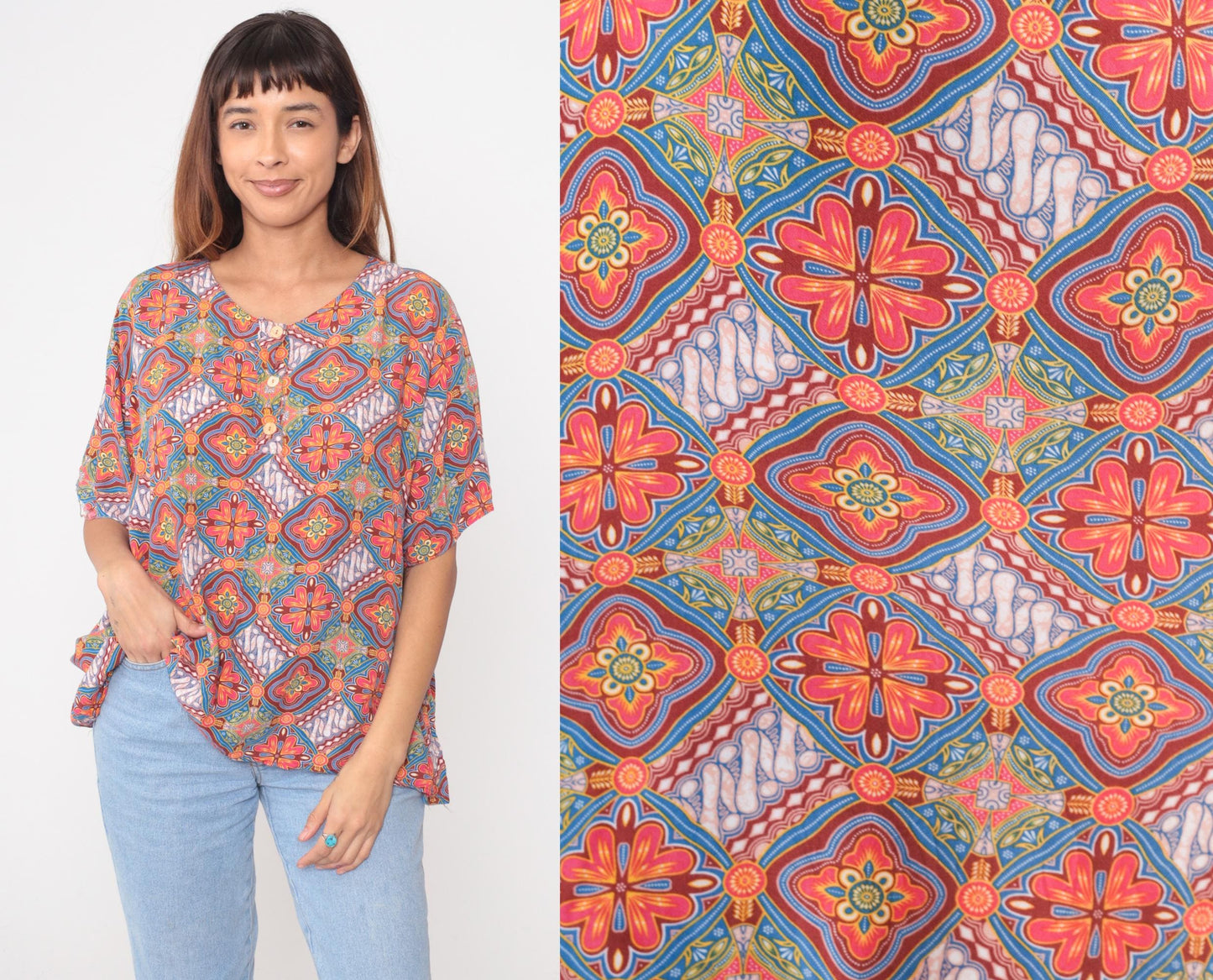 Y2K Batik Blouse Geometric Floral Button Front V Neck Short Sleeve Medium