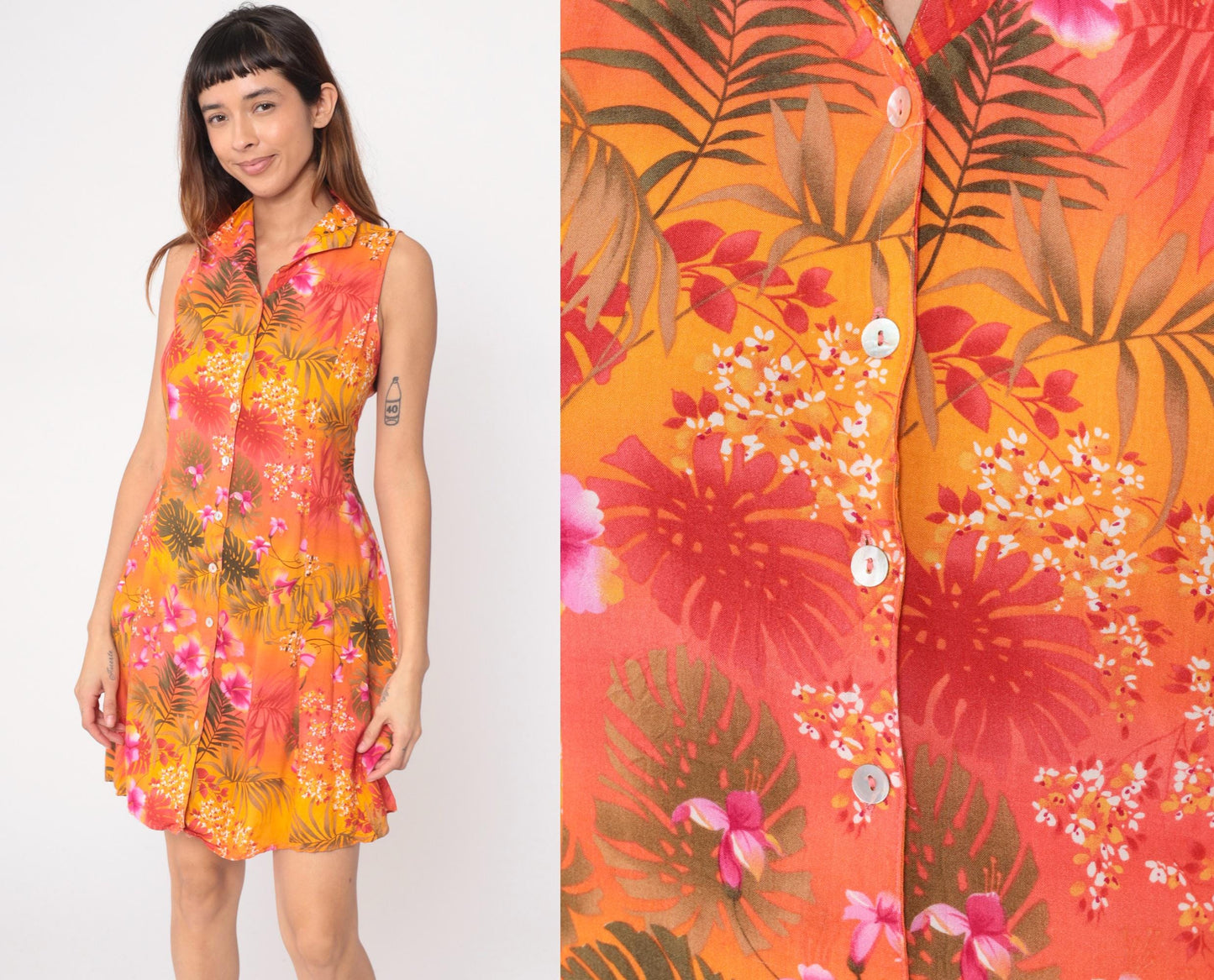 90s Impressions Tropical Floral Mini Dress Button Front Sleeveless Medium M