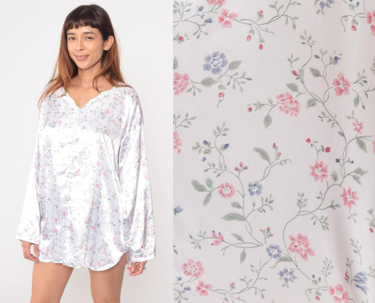 90s Gilligan O'Malley Floral Nightgown White Pink Blue Flowers V-Neck Extra Large XXL