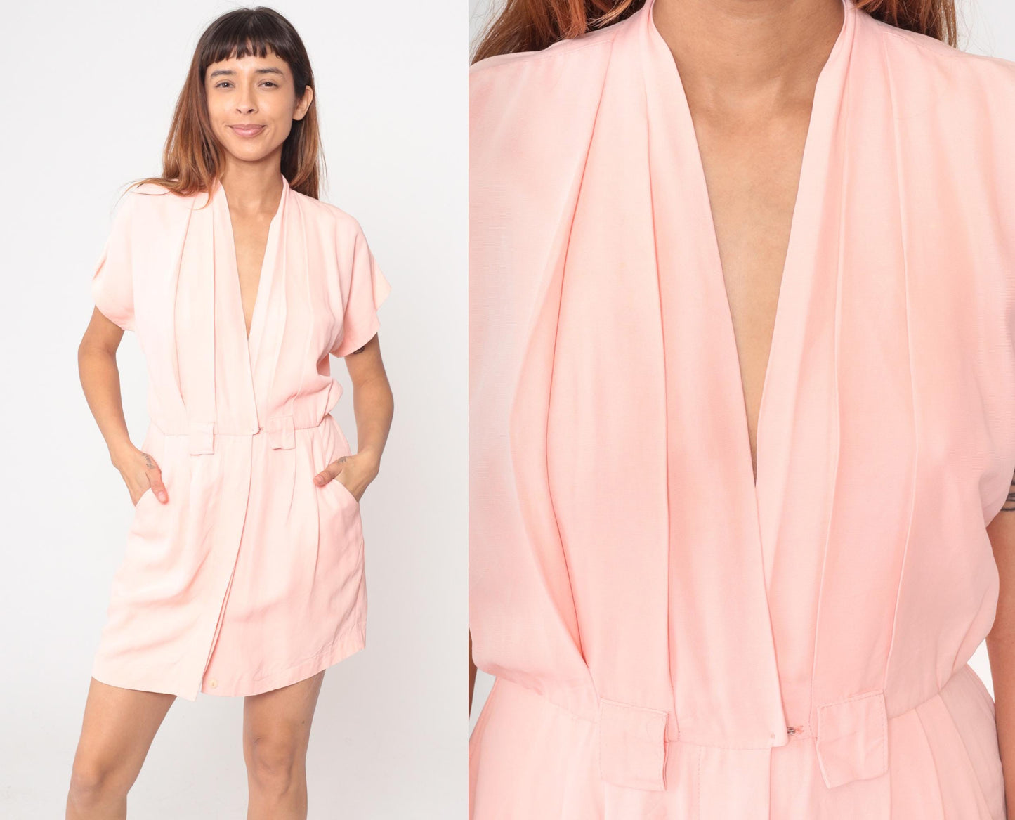 80s Michael B LTD Petites Pink Wrap Romper V-Neck Shawl Collar Small
