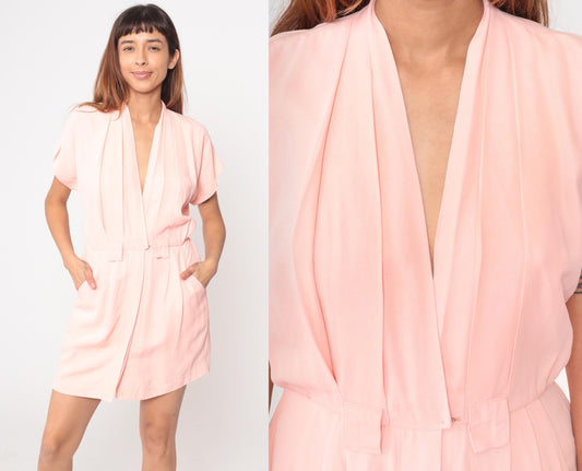 80s Michael B LTD Petites Pink Wrap Romper V-Neck Shawl Collar Small