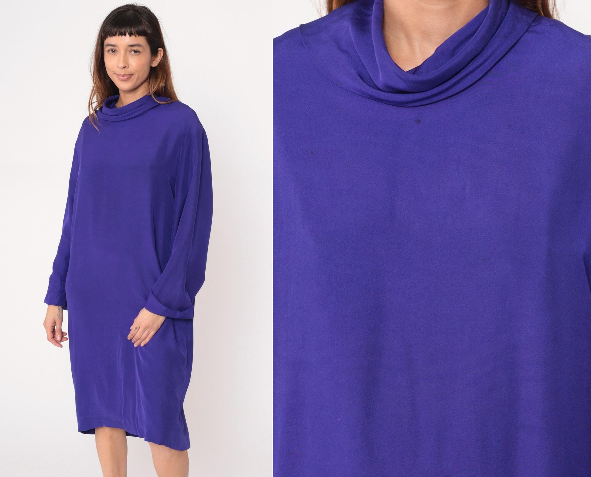 90s YL by Yair Purple Silk Dress Cowl Neck Long Sleeve Knee-Length Large L