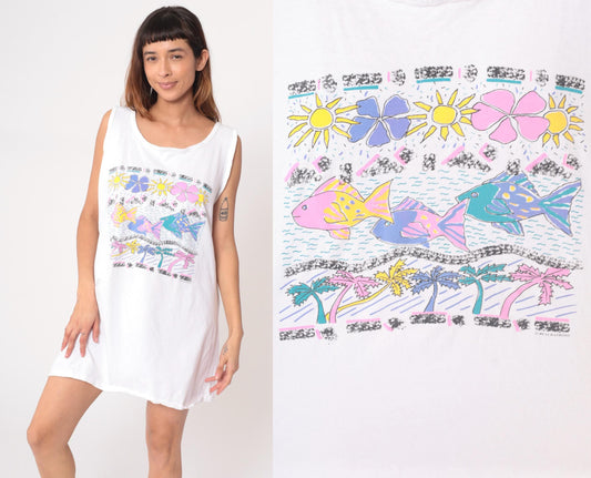 80s White House Tropical Fish Floral Mini Dress Sleeveless Cotton One Size