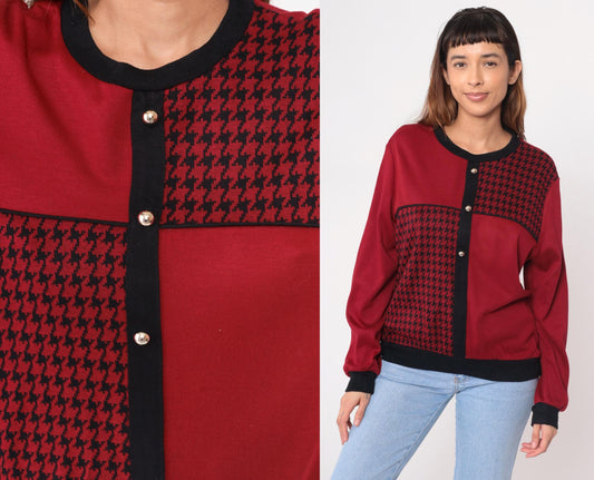 90s Cricket Lane Burgundy Houndstooth Cardigan Black Trim Medium M