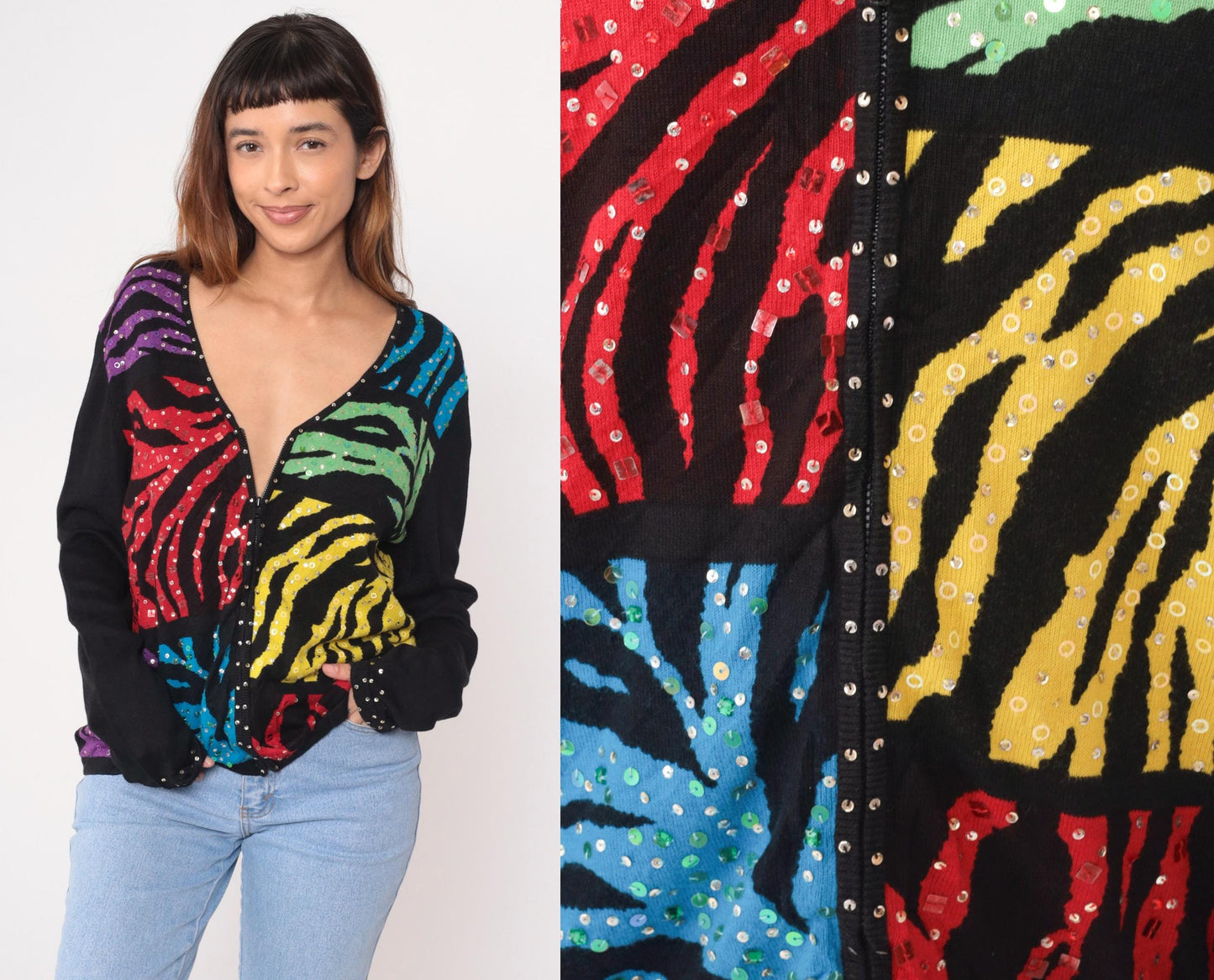 Y2K Jack B Quick Sequin Cardigan Zebra Stripe Multicolor Black Large L
