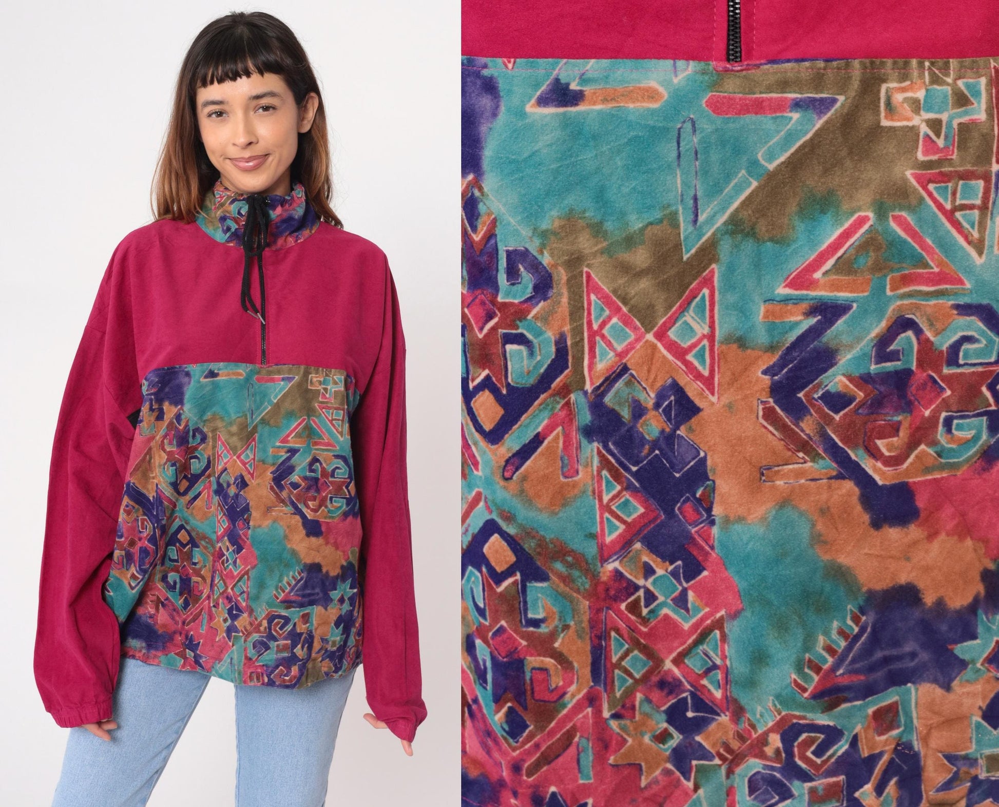 90s Sun Triangle Hot Pink Fleece Half-Zip Pullover Geometric Pattern Large