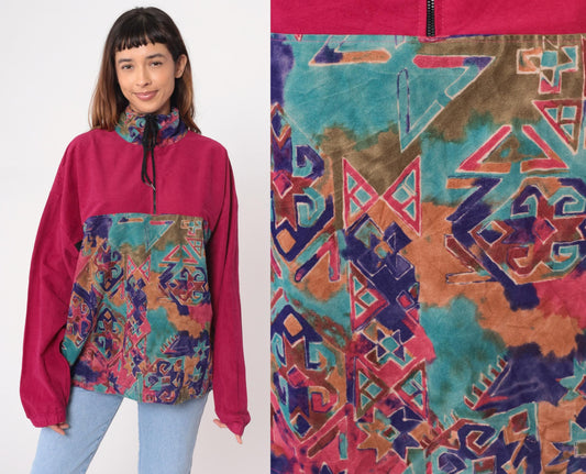 90s Sun Triangle Hot Pink Fleece Half-Zip Pullover Geometric Pattern Large