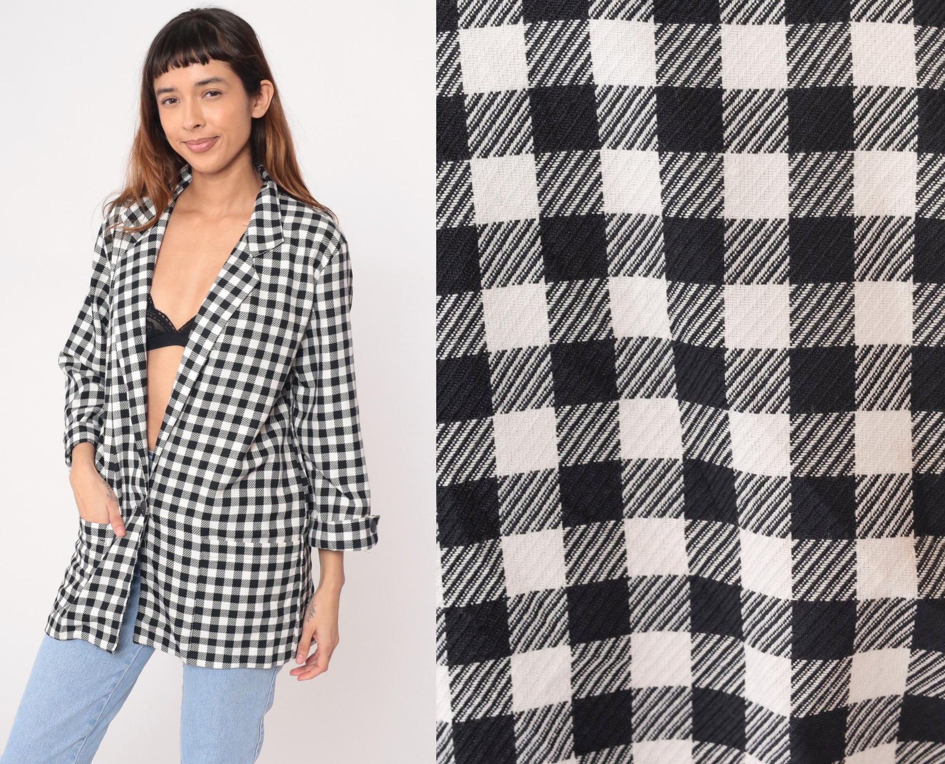 90s Kenneth Mitchell Black White Gingham Blazer Notched Collar Medium