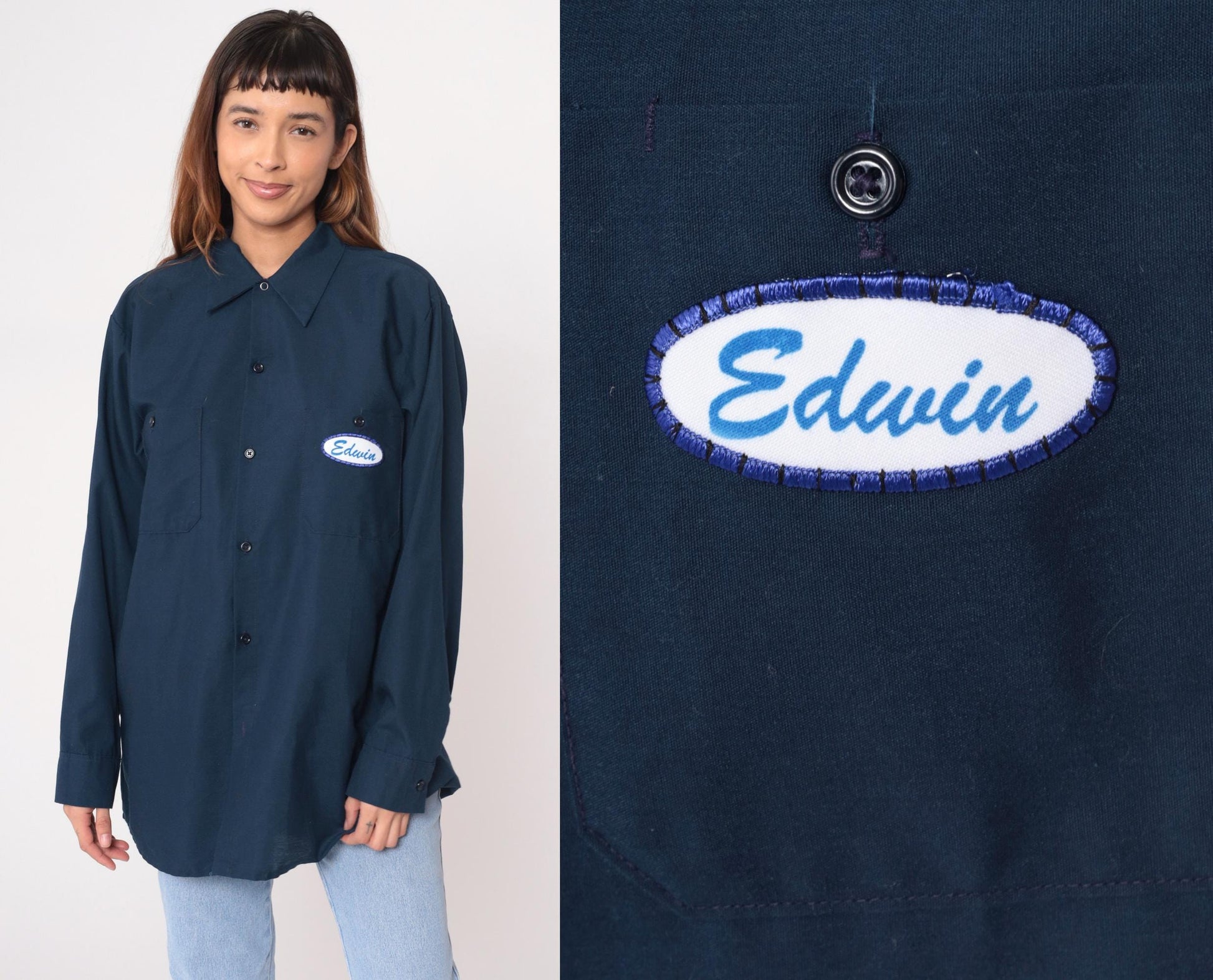 90s Valley Industrial Services Navy Work Shirt Edwin Name Patch Large L