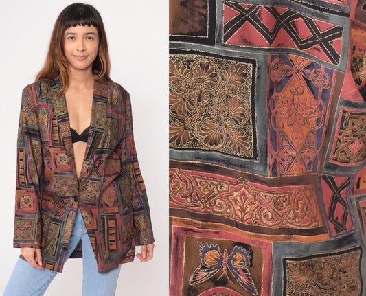 90s Kensington Square Patchwork Blazer Burgundy Brown Geometric Medium M
