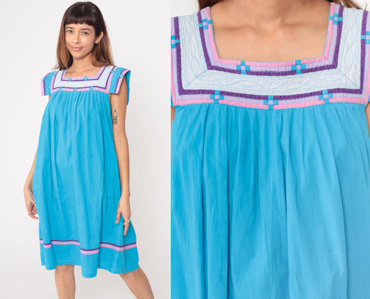 80s Turquoise Terry Cloth Dress Empire Waist Geometric Trim Cotton Large