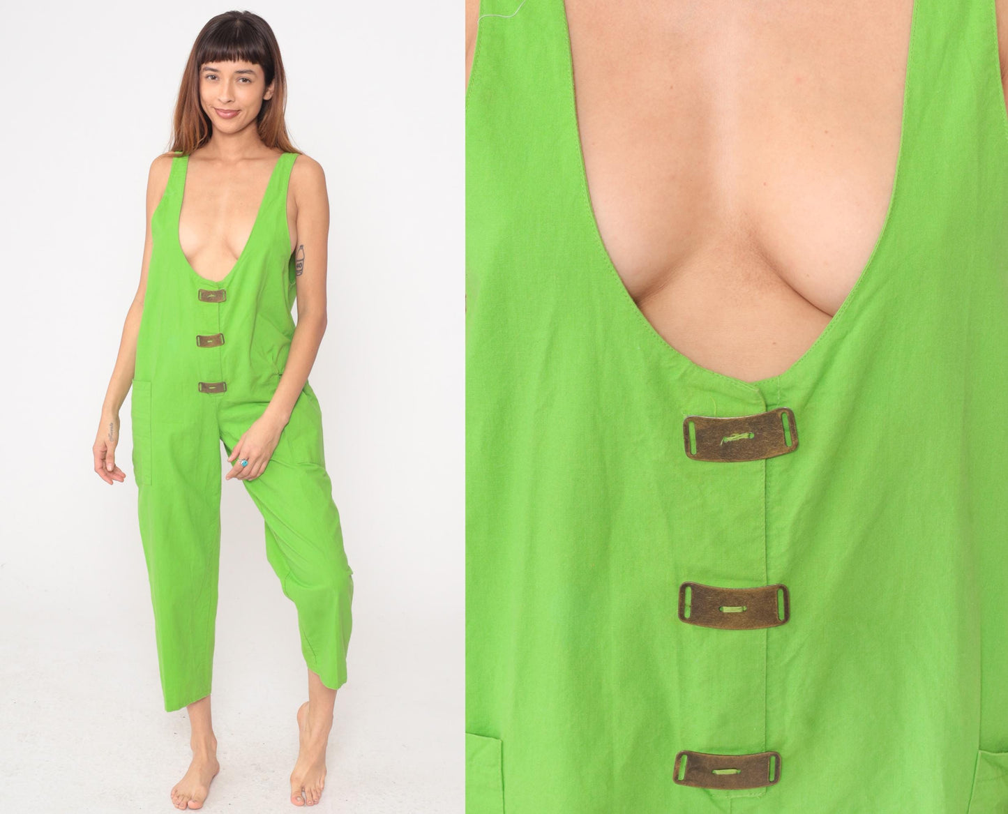80s Ginger Neon Green Jumpsuit Deep V Sleeveless Cotton Cropped Medium M