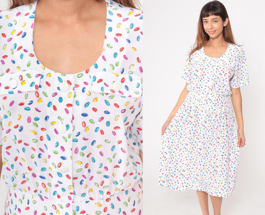 80s Liz Petites Jelly Bean Candy Print Dress White Knee-Length Medium