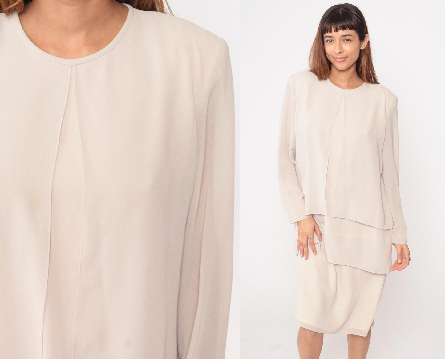90s After Dark Cream Layered Dress Long Sleeve Round Neck Large L