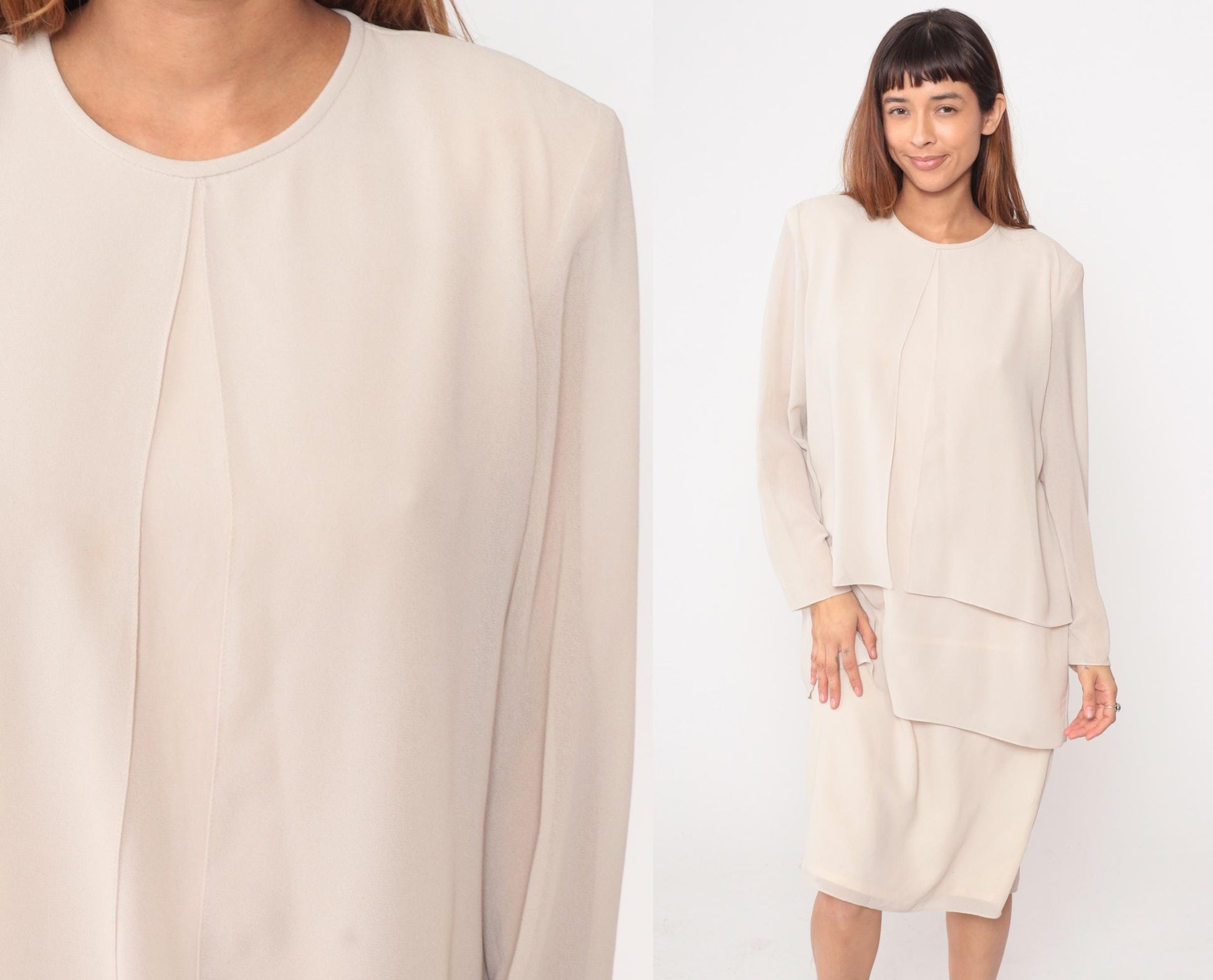 90s After Dark Cream Layered Dress Long Sleeve Round Neck Large L