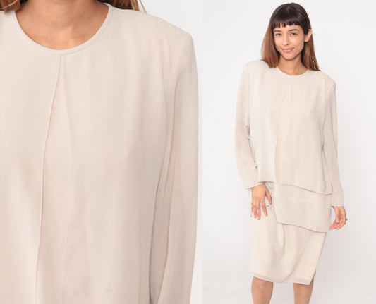 90s After Dark Cream Layered Dress Long Sleeve Round Neck Large L