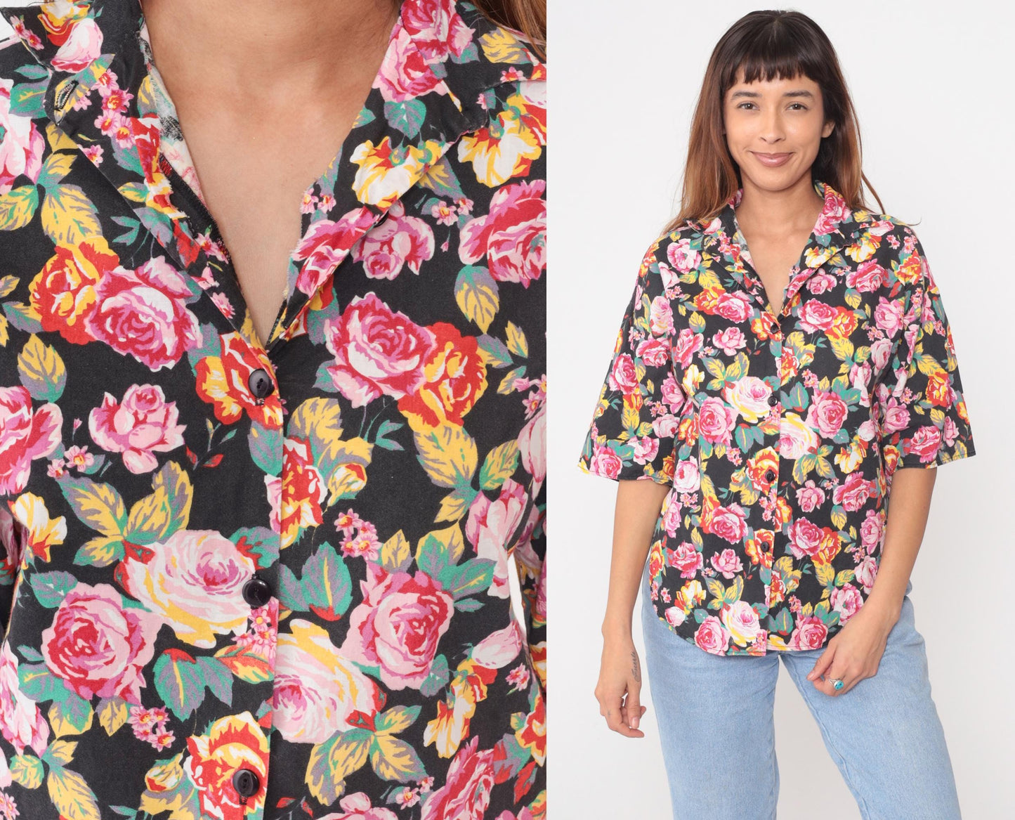 90s Sure Thing of California Black Floral Button Down Shirt Medium M