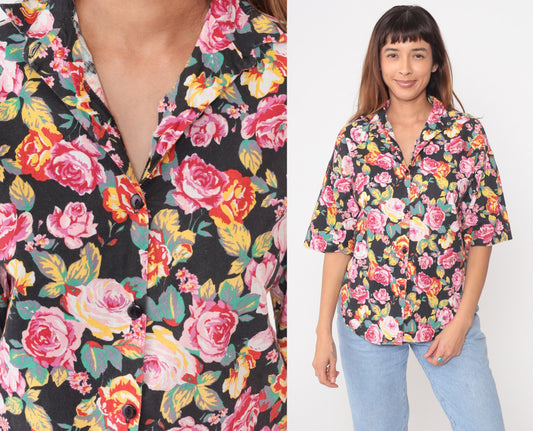 90s Sure Thing of California Black Floral Button Down Shirt Medium M