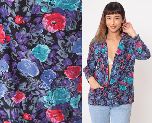 90s Floral Blazer Single Button Notched Lapel Long Sleeve Black Multi Medium M