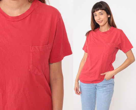 90s Energie Coral Pocket Tee Cotton Crew Neck Small S