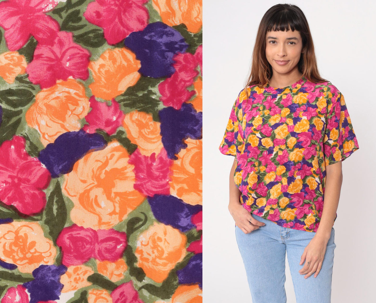 90s Winter Silks Floral Blouse Rose Print Royal Blue Short Sleeve Medium
