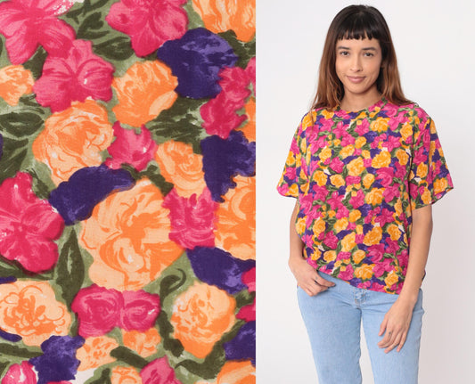 90s Winter Silks Floral Blouse Rose Print Royal Blue Short Sleeve Medium