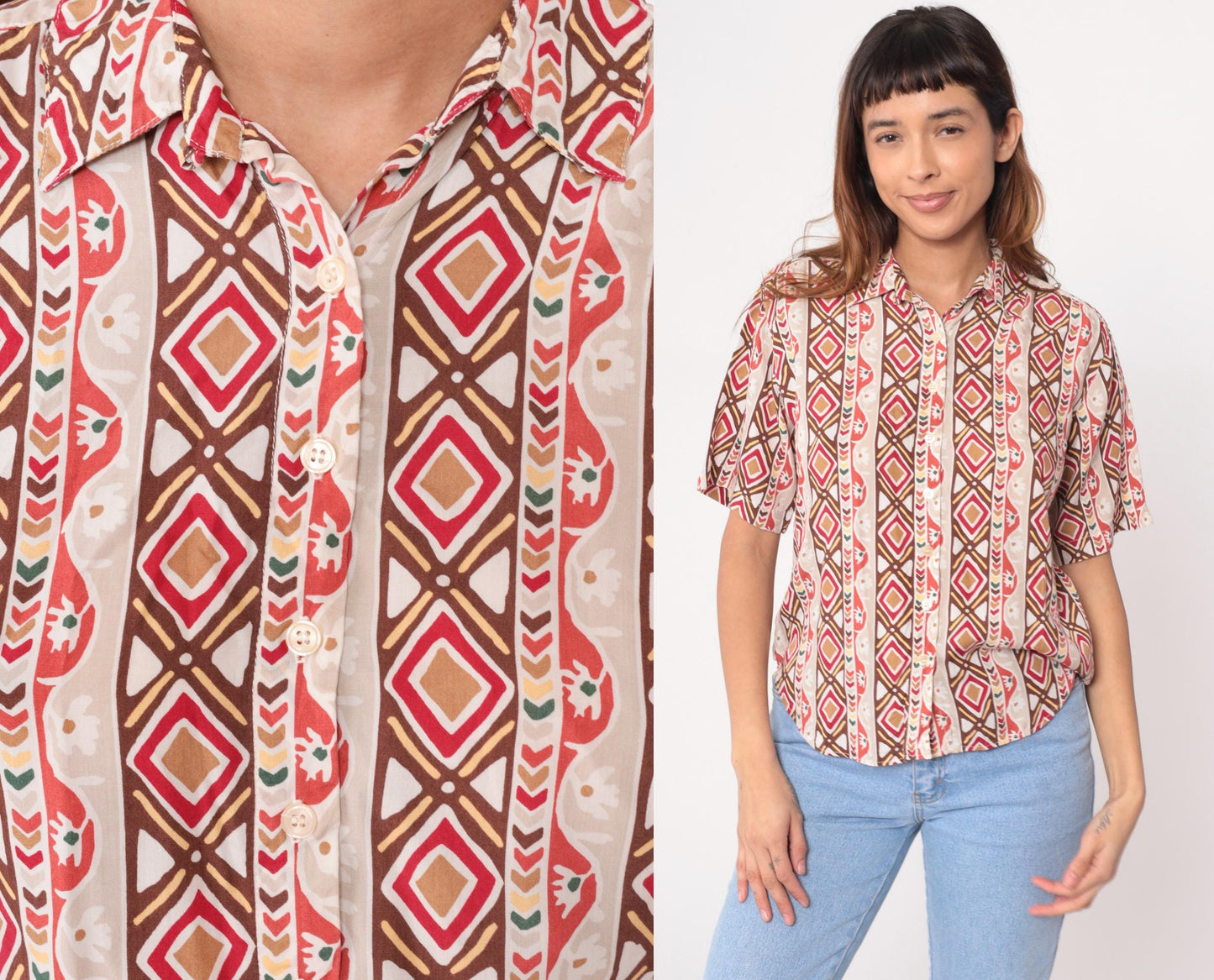 90s Roo Crossings Petites Geometric Print Button Blouse Cream Red Brown Small