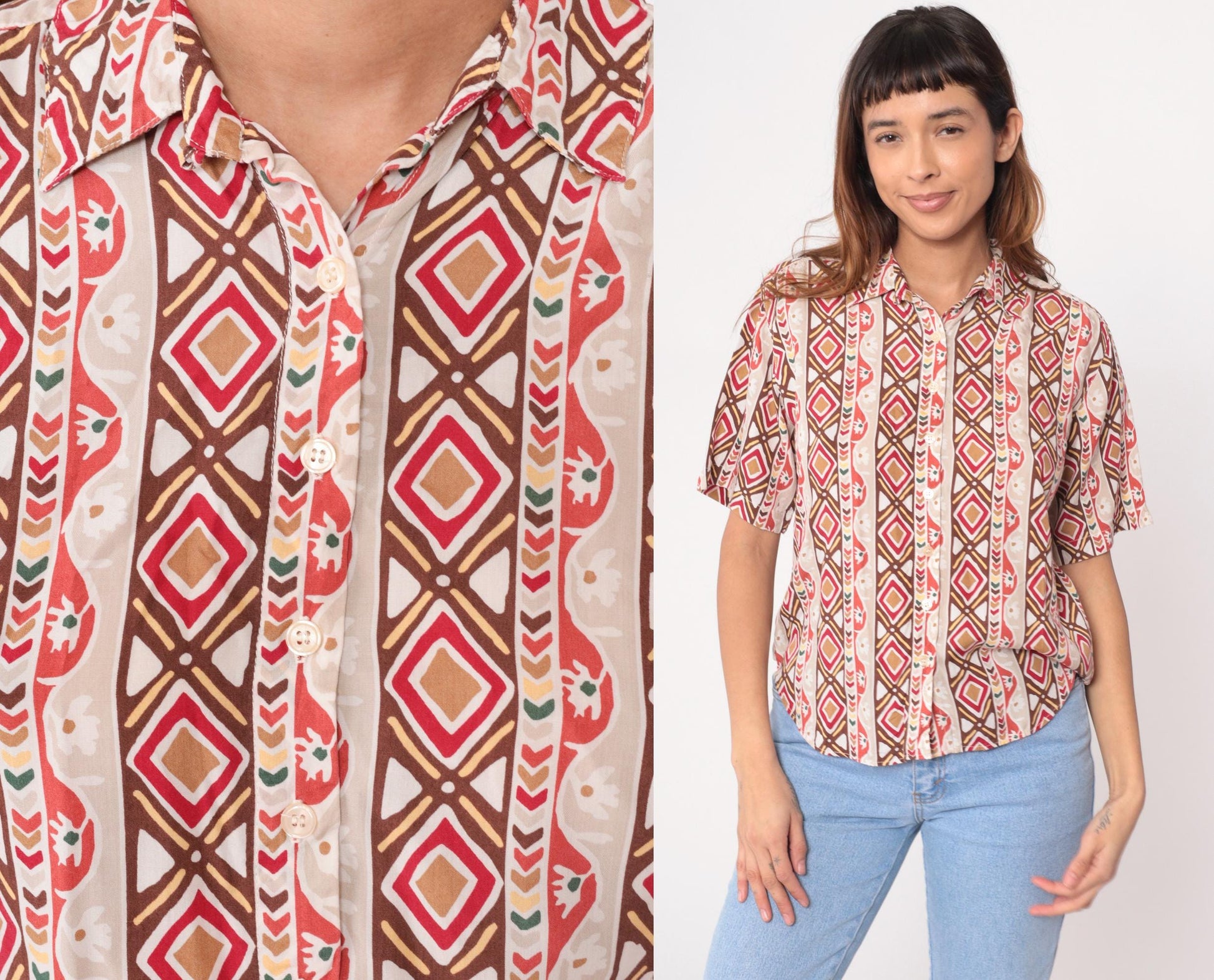 90s Roo Crossings Petites Geometric Print Button Blouse Cream Red Brown Small