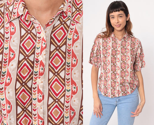 90s Roo Crossings Petites Geometric Print Button Blouse Cream Red Brown Small