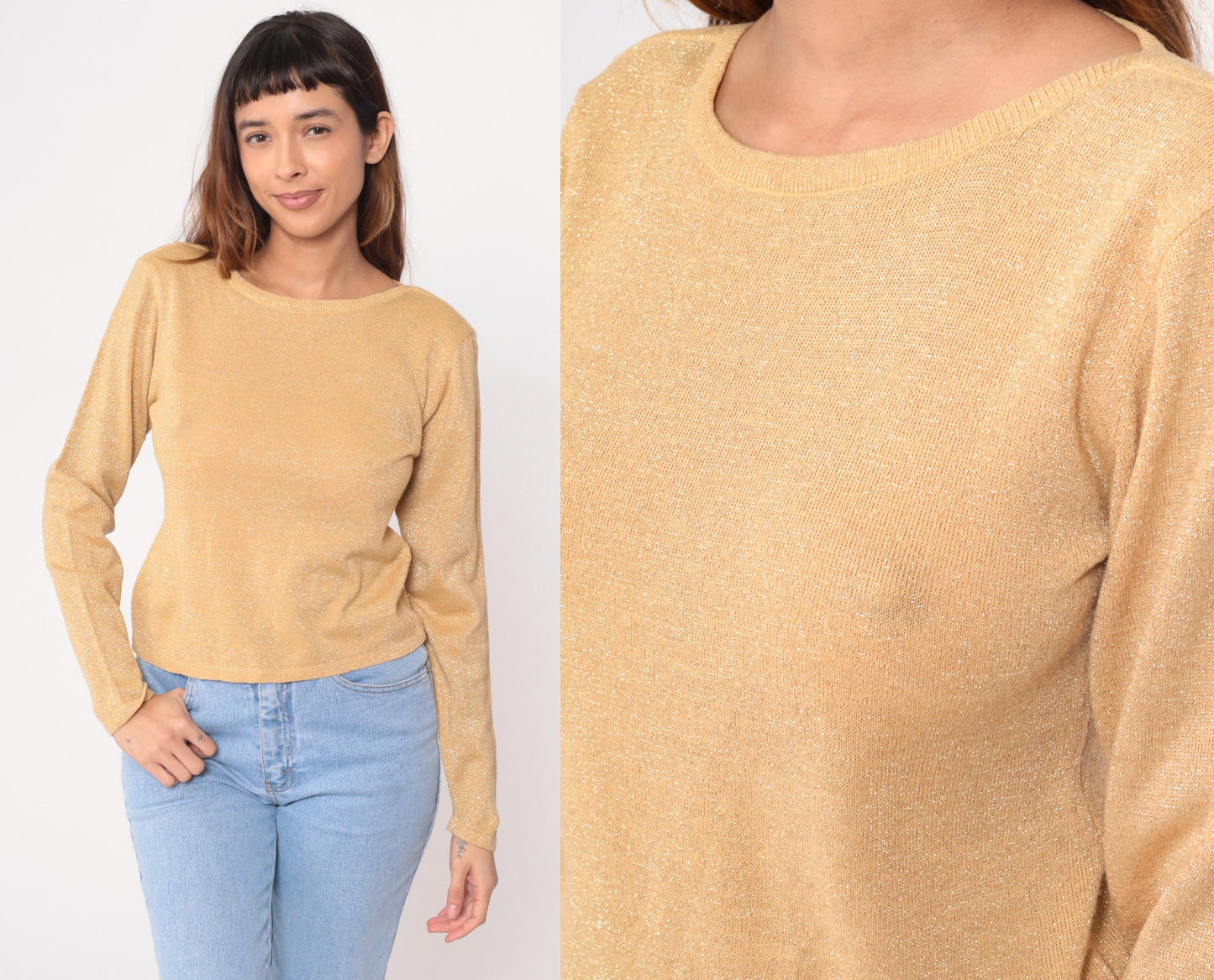 90s Newport News Gold Metallic Sweater Shimmer Knit Small S