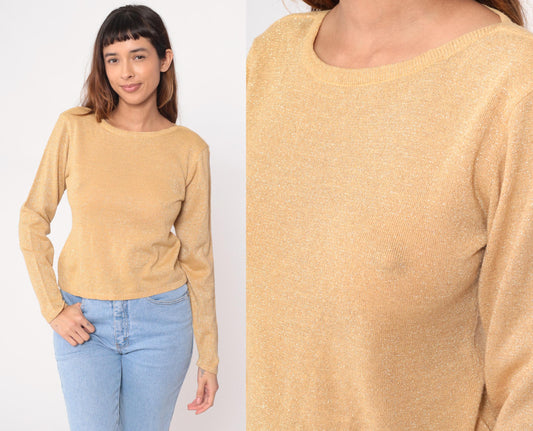 90s Newport News Gold Metallic Sweater Shimmer Knit Small S