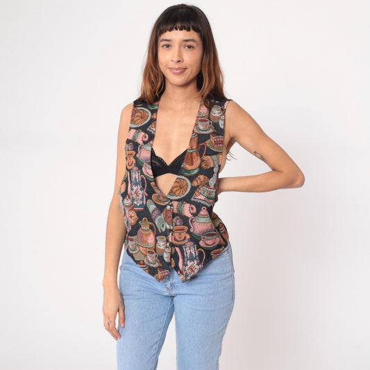 90s Backroad Blues Coffee Tapestry Vest Black Jacquard V-Neck Large L