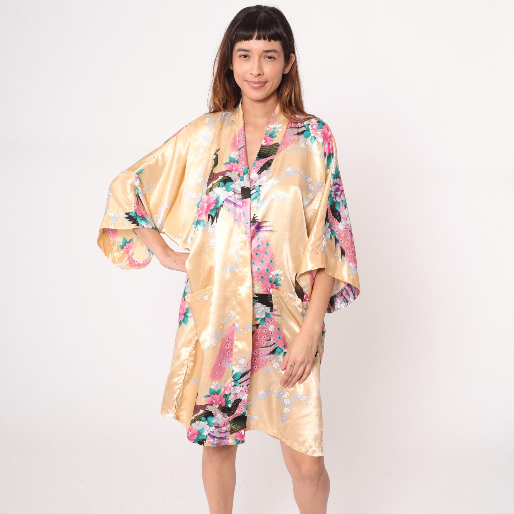 90s Gold Peacock Kimono Robe Knee Length Satin Floral Open Front Medium
