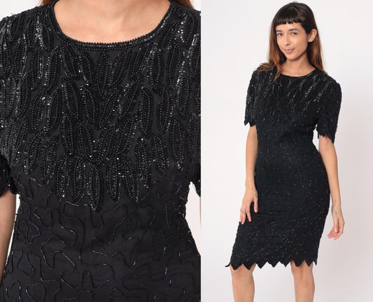 90s Laurence Kazar Black Beaded Silk Cocktail Dress Knee-Length Medium M