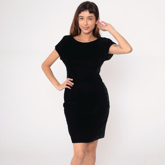 90s Black Velvet Dress Sequin Lace Back Panel Knee-Length Small S