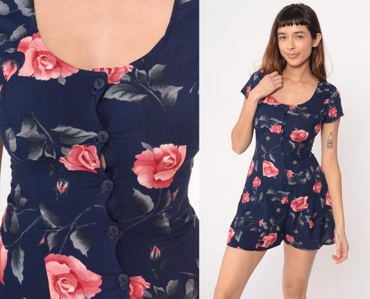 90s Navy Floral Romper Pink Rose Print Button Front Mini Small S