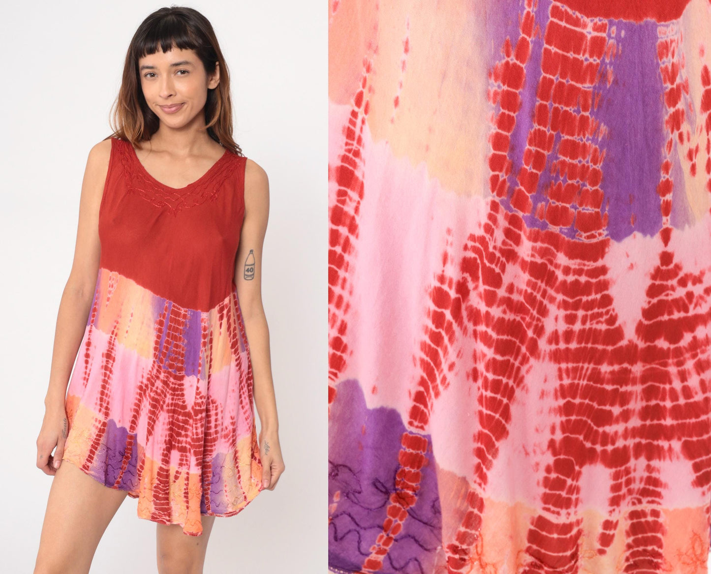 Y2K Tie Dye Mini Dress Red Pink Purple V Neck Sleeveless Medium