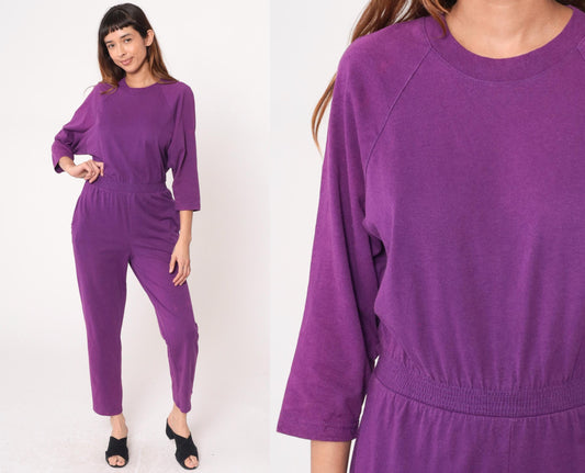 90s Purple Jumpsuit Cotton Raglan Crew Neck Tapered Ankle Medium M