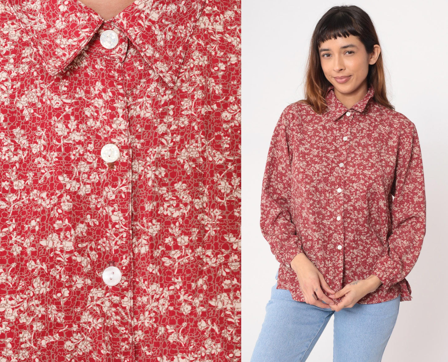 Y2K Burgundy Floral Button-Up Blouse TAK High Fashion Pointed Collar Large L