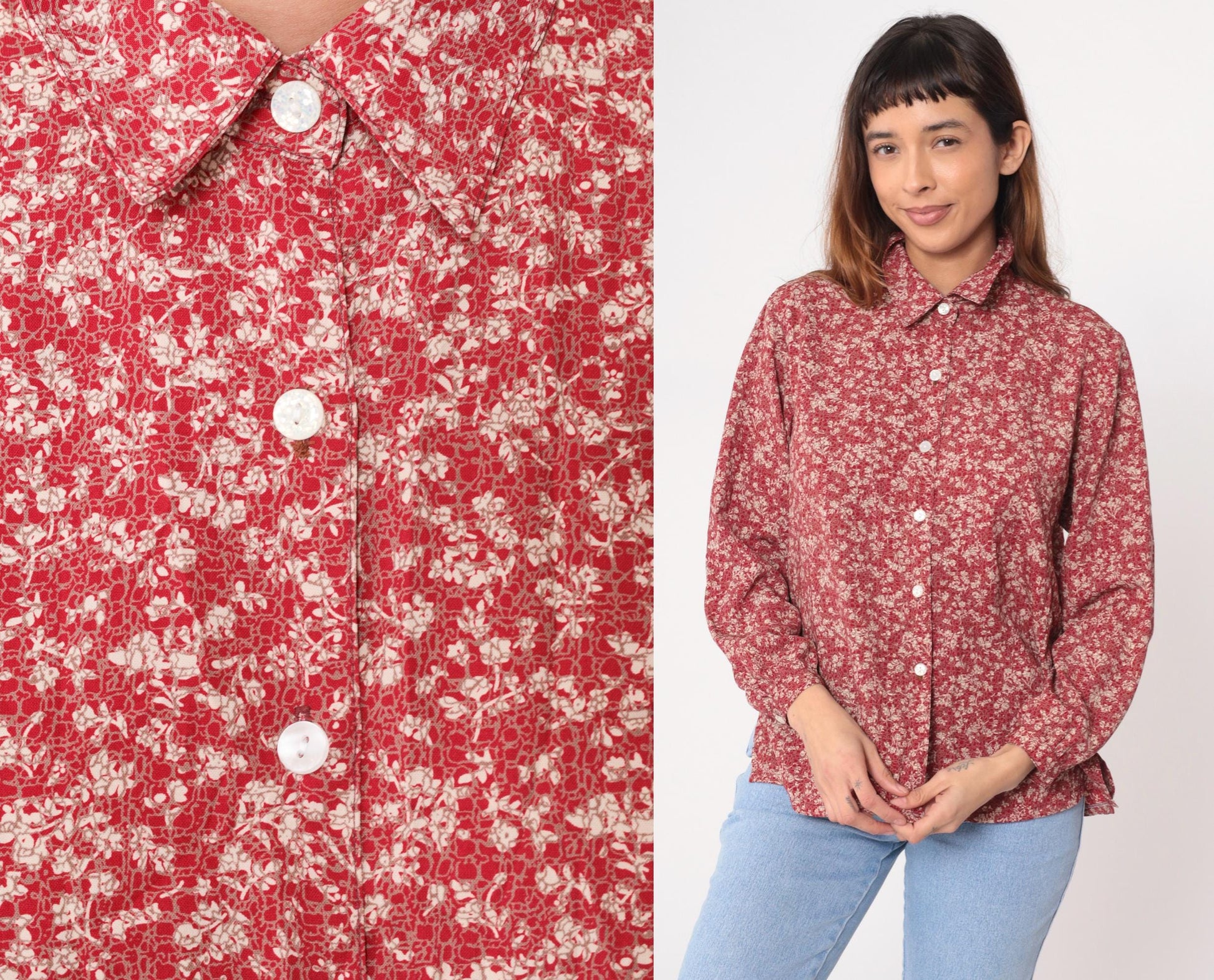 Y2K Burgundy Floral Button-Up Blouse TAK High Fashion Pointed Collar Large L