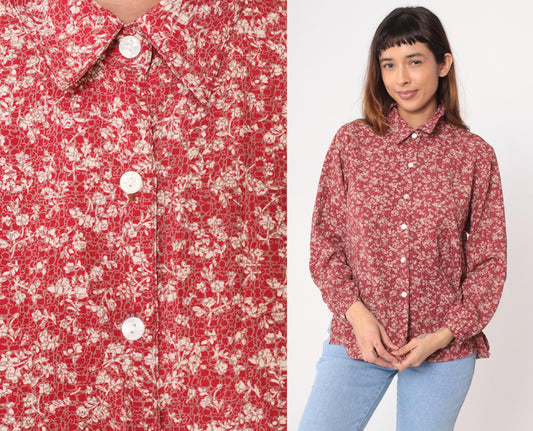 Y2K Burgundy Floral Button-Up Blouse TAK High Fashion Pointed Collar Large L