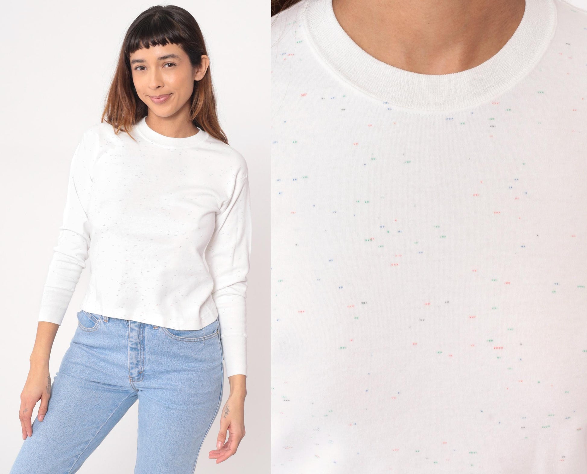 90s White Thermal Waffle Knit Crew Neck Long Sleeve Top Medium M