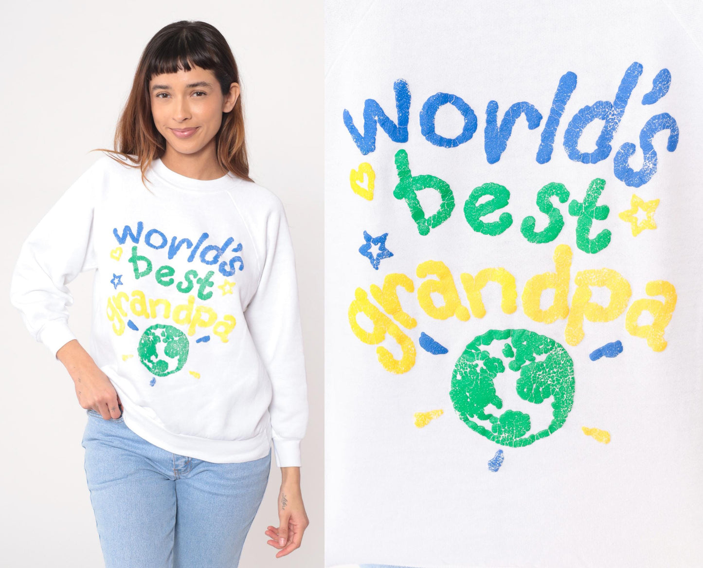 90s Hanes World's Best Grandpa Sweatshirt White Graphic Globe Large L