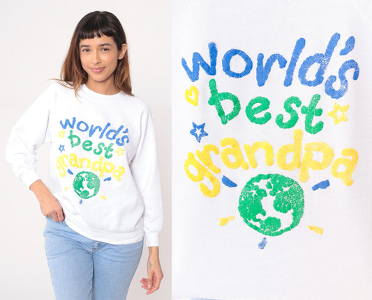 90s Hanes World's Best Grandpa Sweatshirt White Graphic Globe Large L
