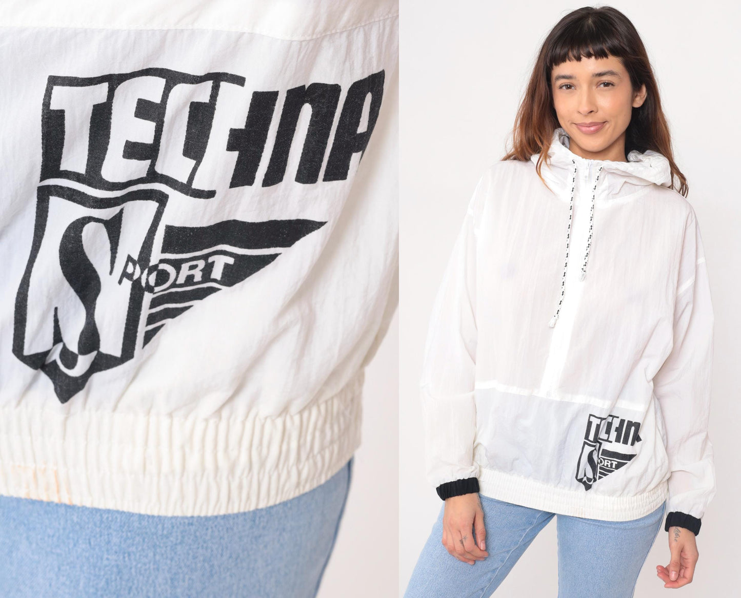 90s Techno Sport White Nylon Windbreaker Hooded Jacket Black Trim Small S
